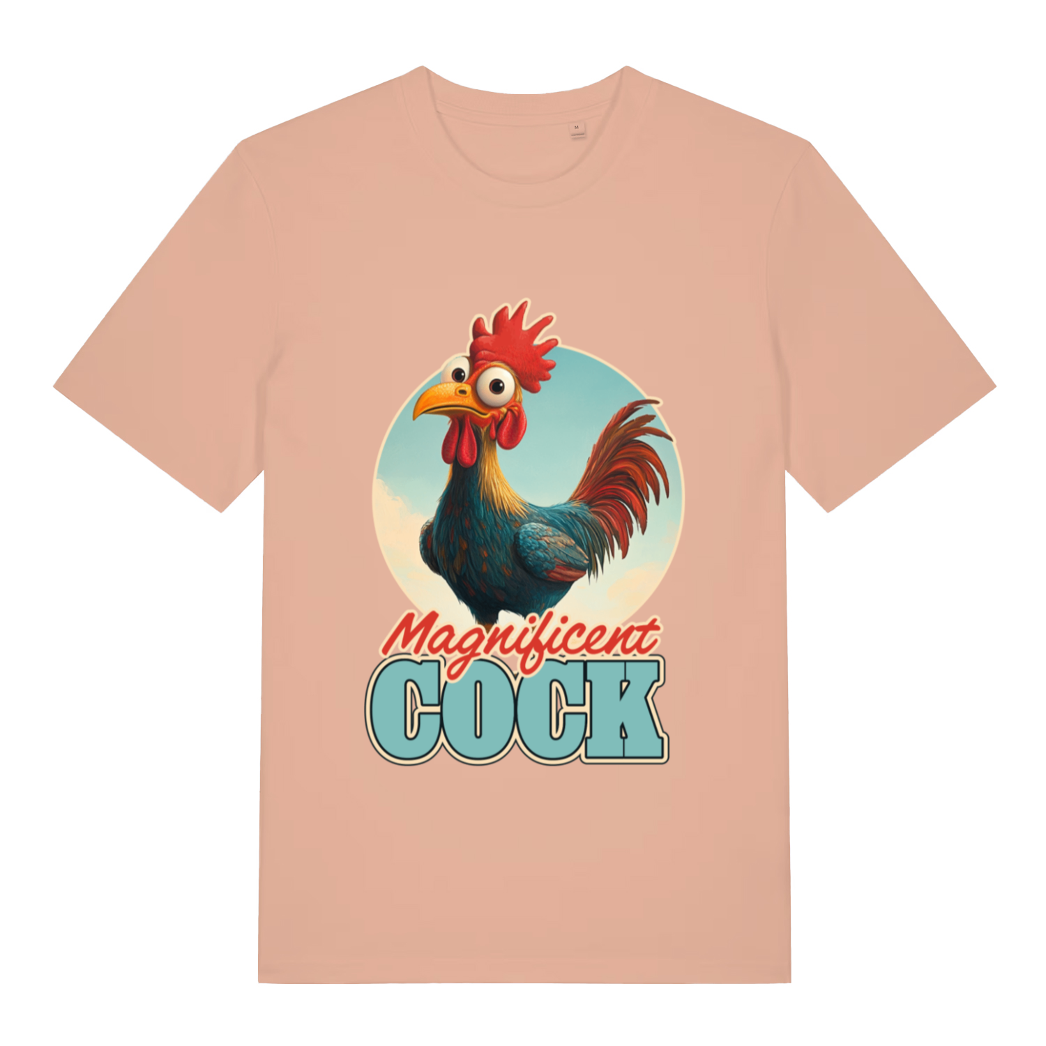 Peach women’s Magnificent Cock funny graphic t-shirt showing cartoon rooster and bold “Magnificent COCK” slogan  