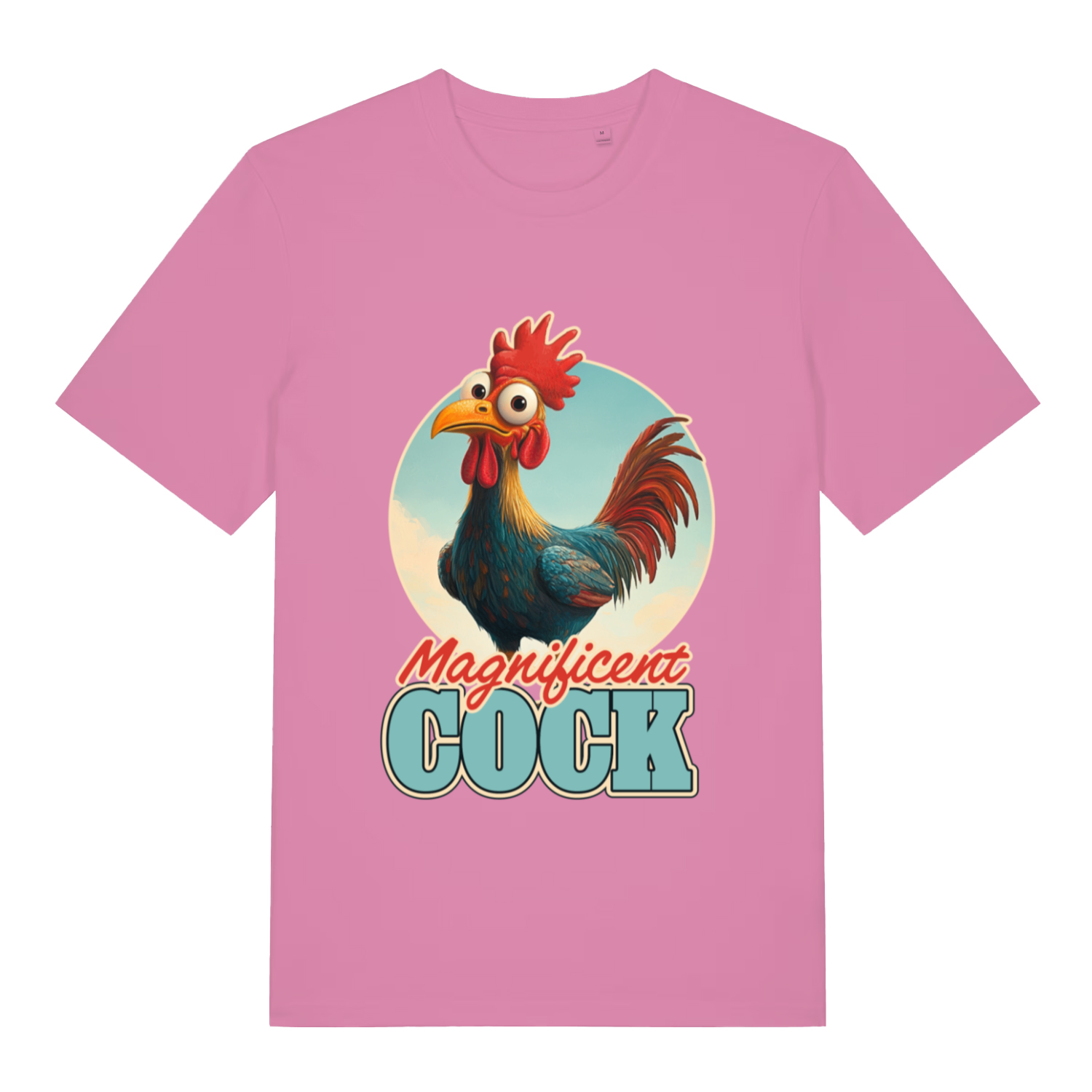 Pink women’s Magnificent Cock funny graphic t-shirt with colourful cartoon rooster and “Magnificent COCK” text  