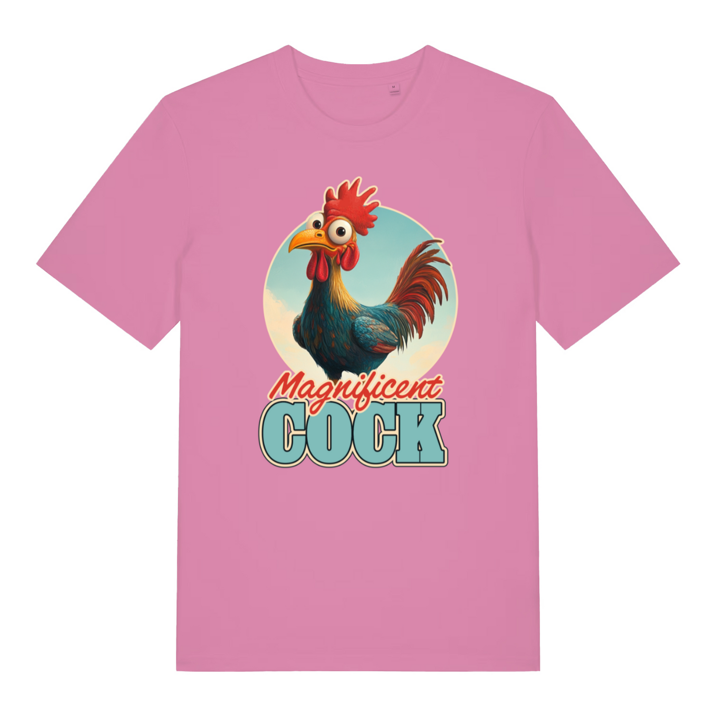 pink women's funny animal t-shirt with the graphic of a cartoon rooster and the slogan 'magnificent cock'