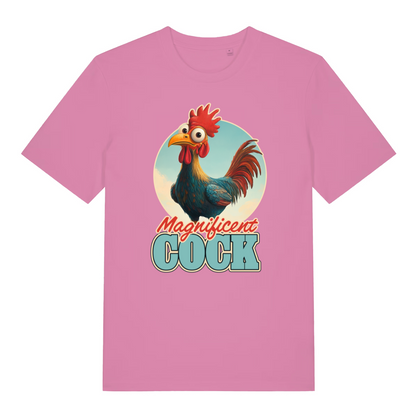 pink women's funny animal t-shirt with the graphic of a cartoon rooster and the slogan 'magnificent cock'