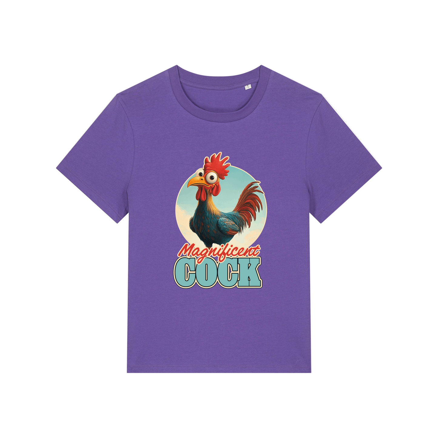 purple funny animal t-shirt with the graphic of a rooster and the slogan 'magnificent cock'