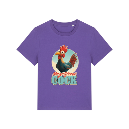 purple funny animal t-shirt with the graphic of a rooster and the slogan 'magnificent cock'