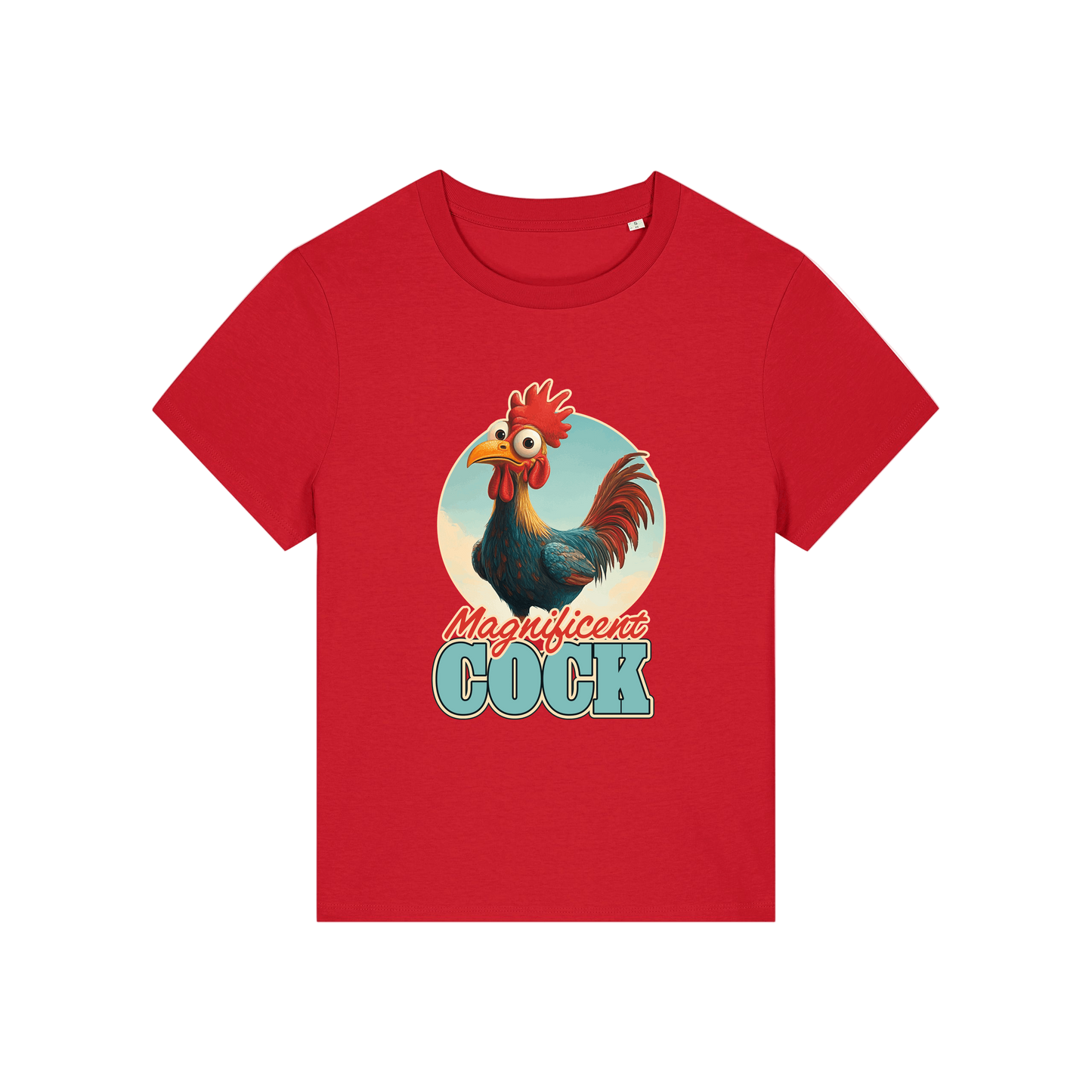 red funny animal t-shirt with the graphic of a rooster and the slogan 'magnificent cock'
