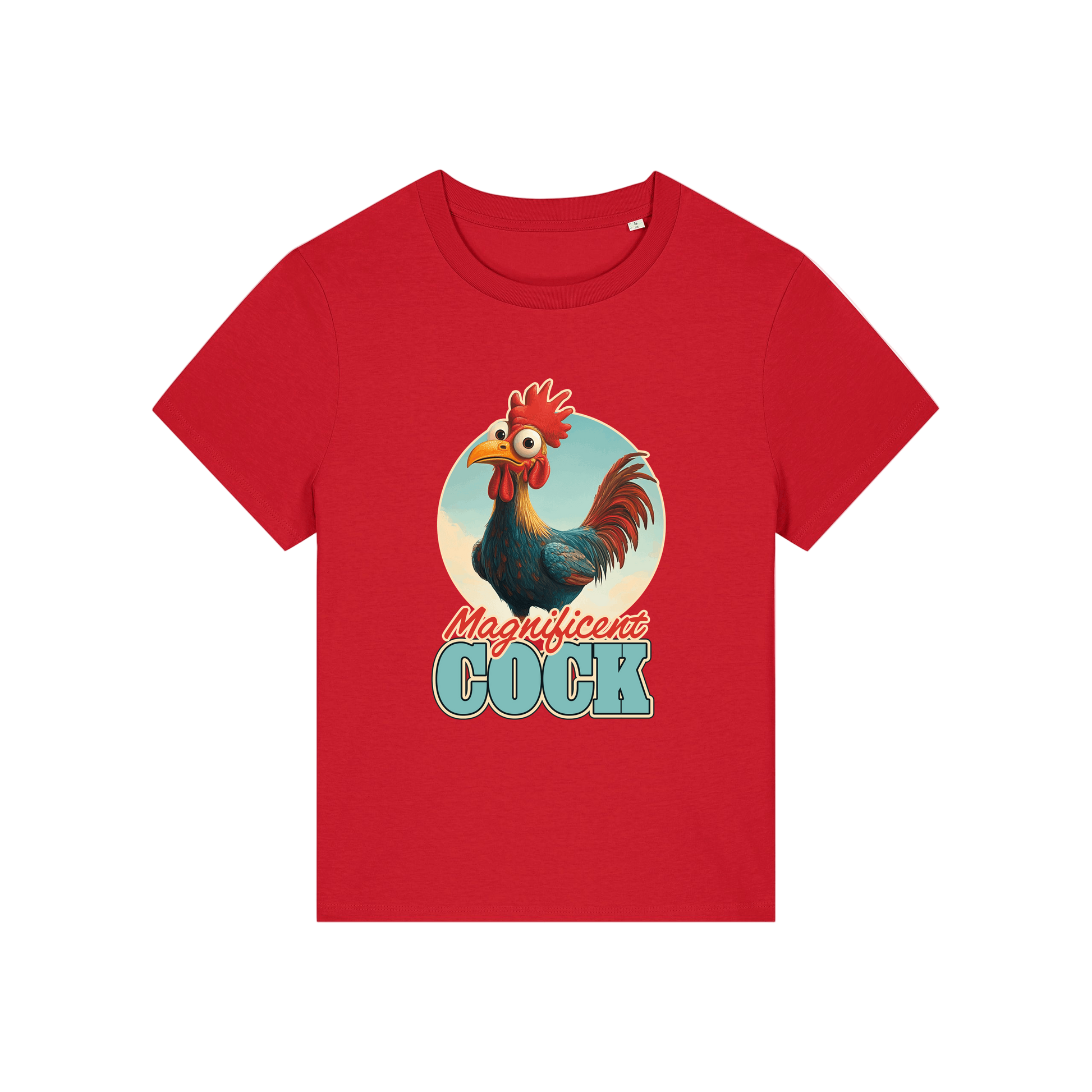 red funny animal t-shirt with the graphic of a rooster and the slogan 'magnificent cock'