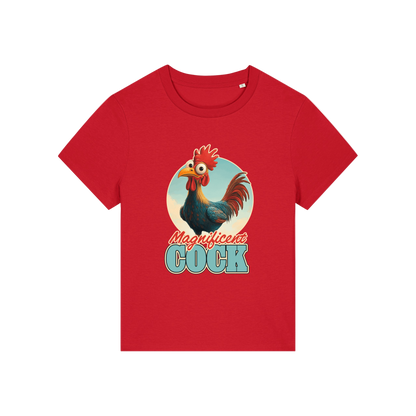 red funny animal t-shirt with the graphic of a rooster and the slogan 'magnificent cock'