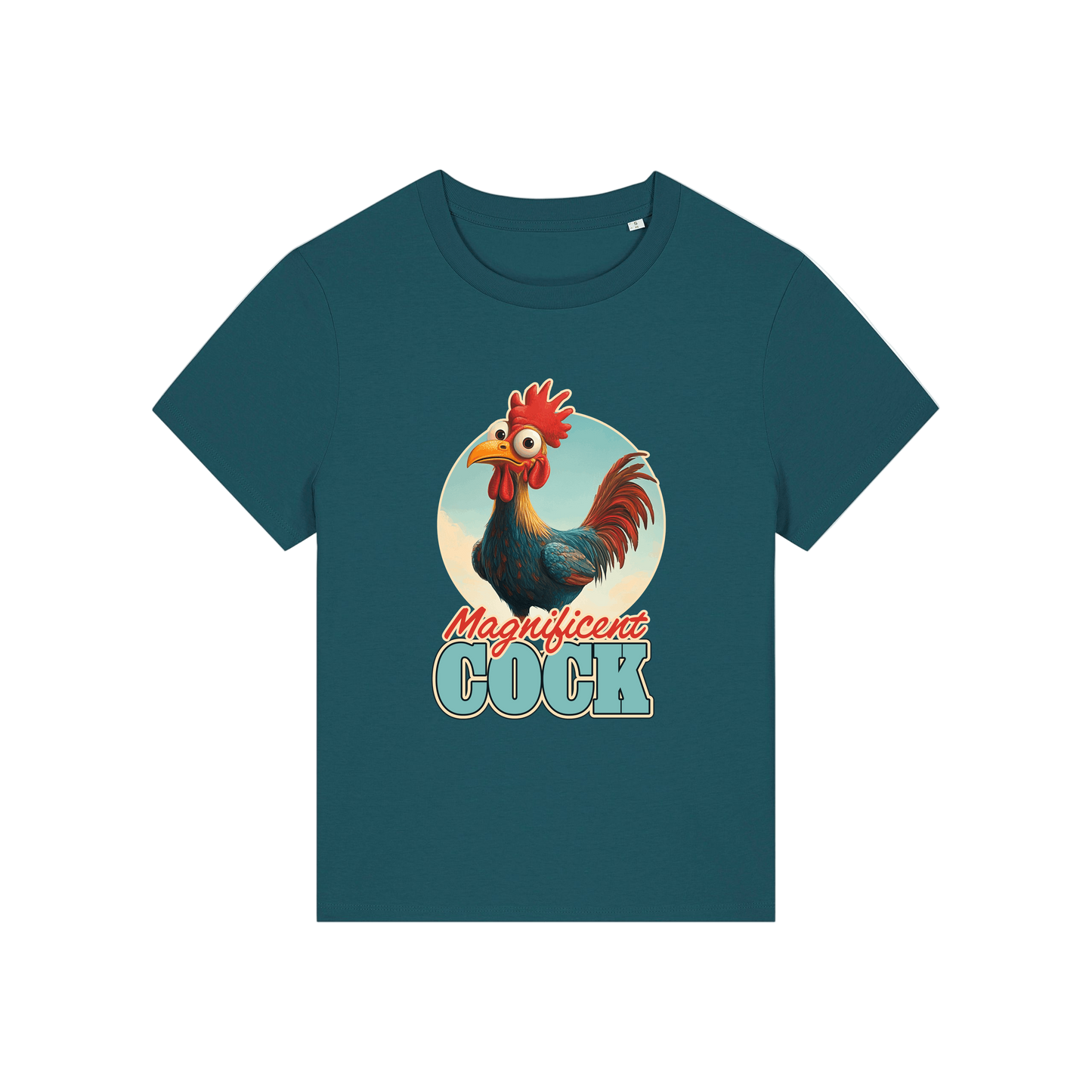 teal funny animal t-shirt with the graphic of a rooster and the slogan 'magnificent cock'
