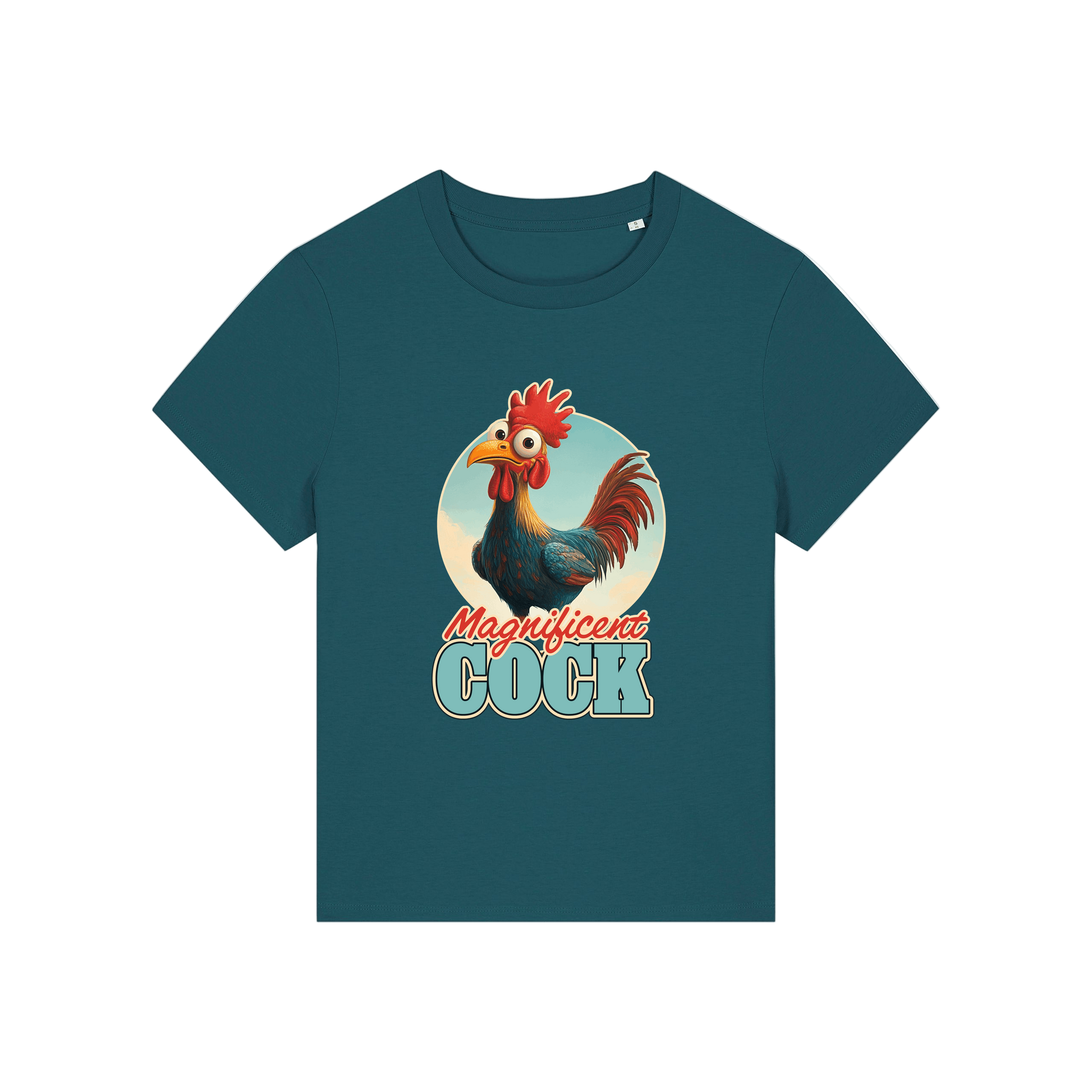 teal funny animal t-shirt with the graphic of a rooster and the slogan 'magnificent cock'