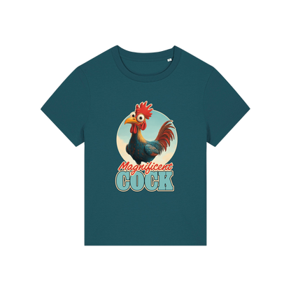 teal funny animal t-shirt with the graphic of a rooster and the slogan 'magnificent cock'