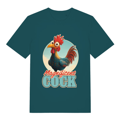 Teal women’s Magnificent Cock funny graphic t-shirt featuring bold cartoon rooster design and “Magnificent COCK” lettering  