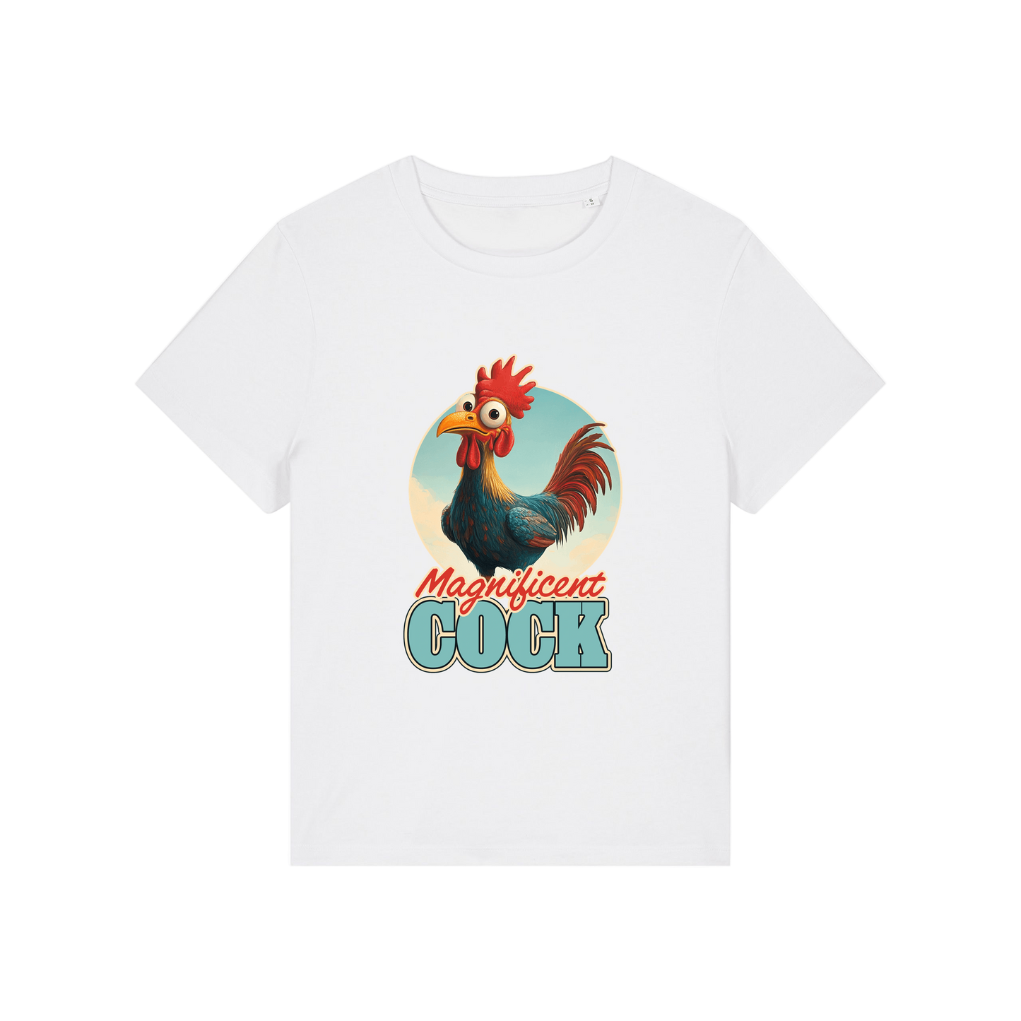 white funny animal t-shirt with the graphic of a rooster and the slogan 'magnificent cock'