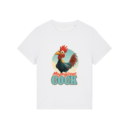 white funny animal t-shirt with the graphic of a rooster and the slogan 'magnificent cock'
