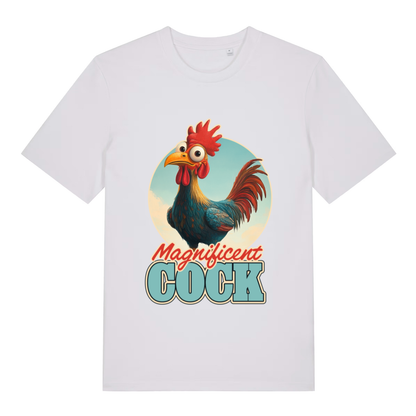 White women’s Magnificent Cock funny graphic t-shirt with cartoon rooster and “Magnificent COCK” text  
