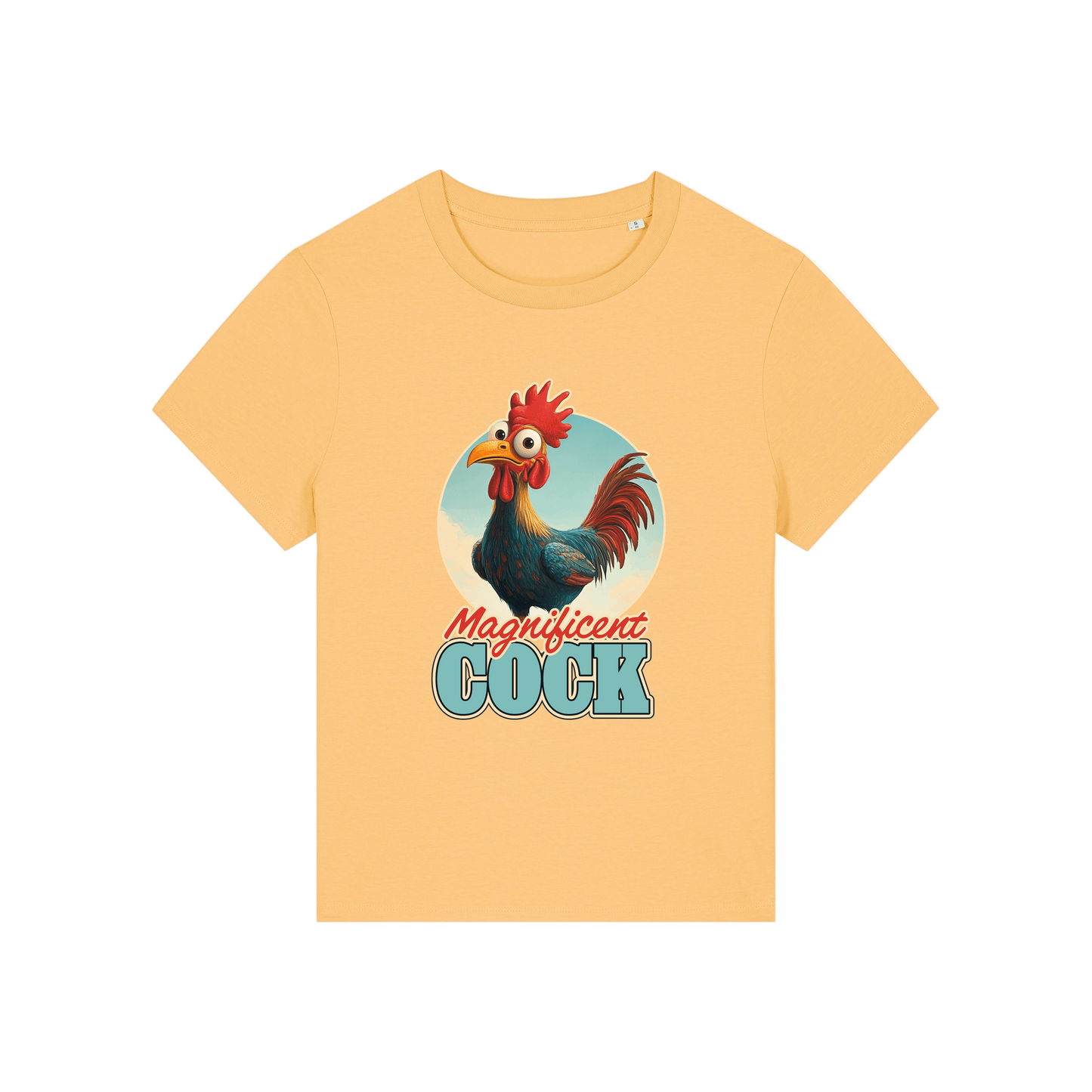 yellow funny animal t-shirt with the graphic of a rooster and the slogan 'magnificent cock'