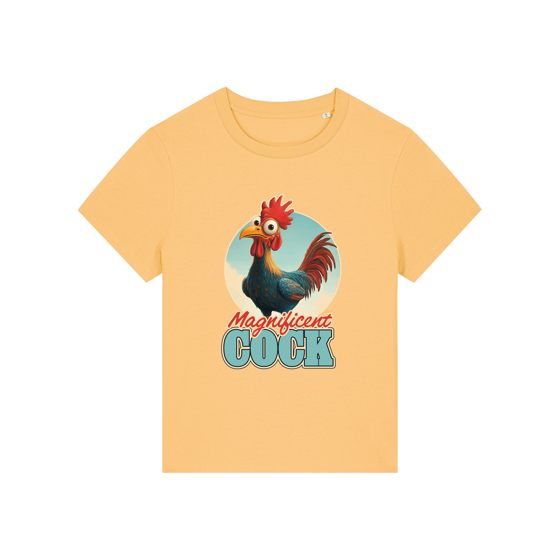 yellow funny animal t-shirt with the graphic of a rooster and the slogan 'magnificent cock'