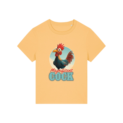 yellow funny animal t-shirt with the graphic of a rooster and the slogan 'magnificent cock'