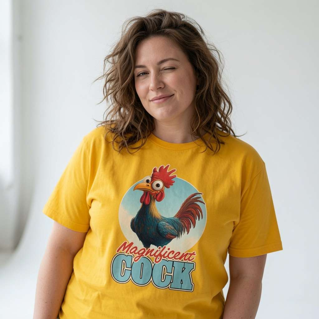 Woman winking in yellow Magnificent Cock t-shirt featuring cartoon rooster graphic, ladies funny rude animal pun graphic