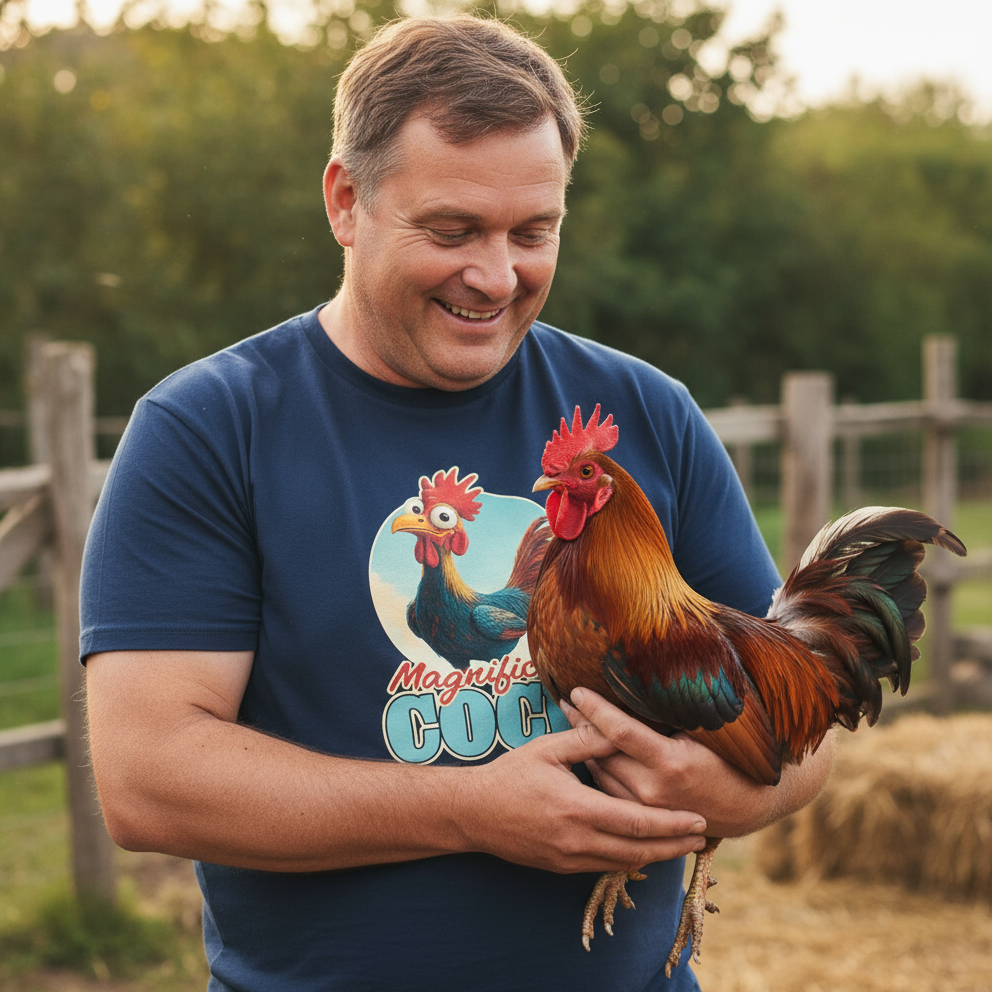 Man holding a rooster outdoors with a 'Magnificent Cock' t-shirt