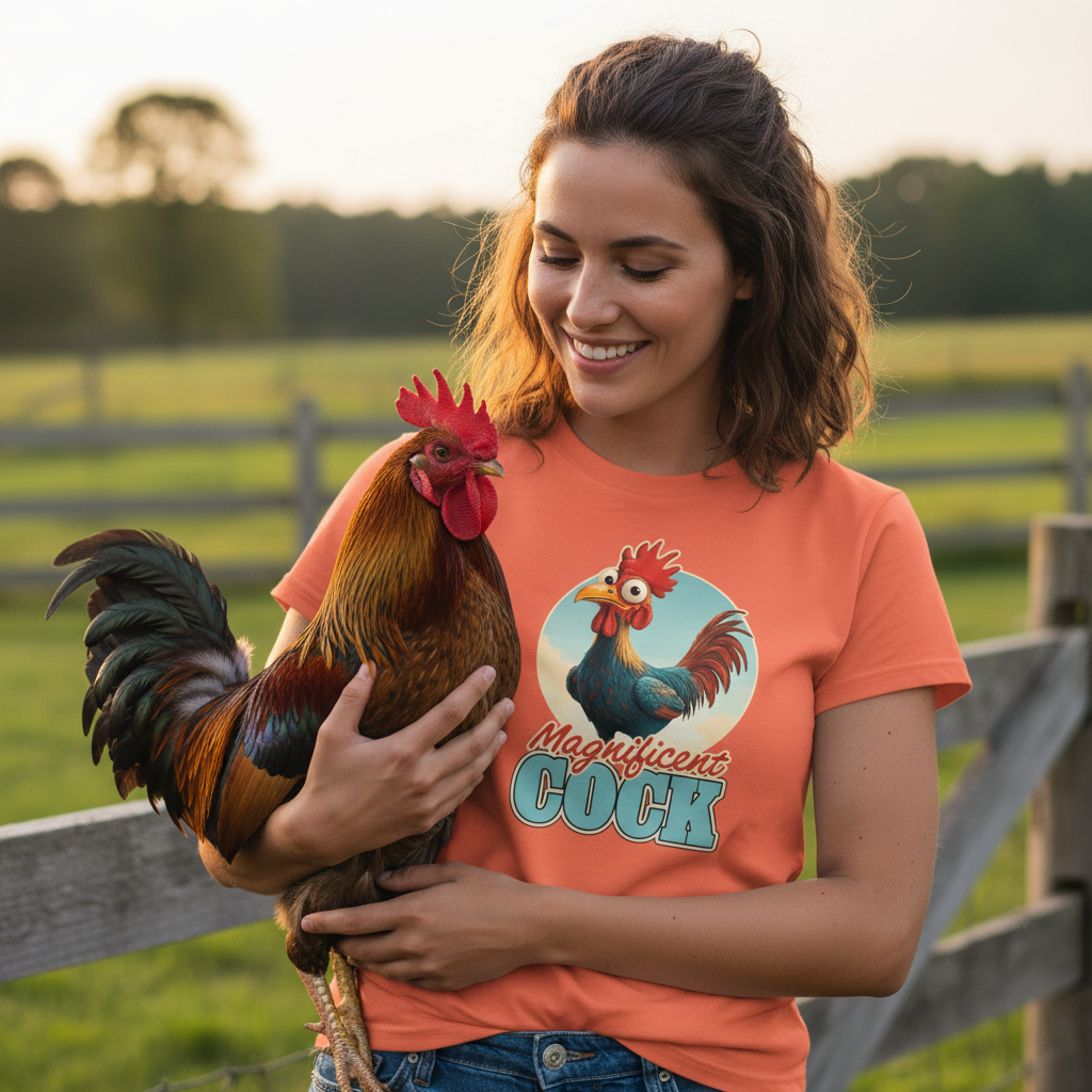 Woman holding a rooster wearing an orange t-shirt with a rooster graphic and text.