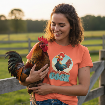 Woman holding a rooster wearing an orange t-shirt with a rooster graphic and text.