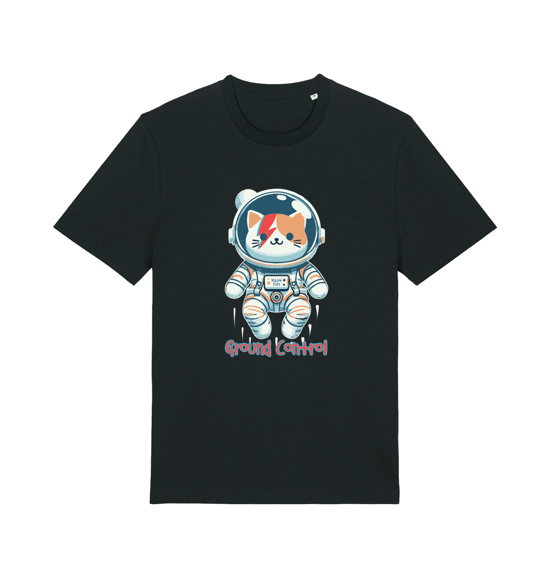 black graphic t-shirt with a cat dressed as an astronaut and the slogan 'ground control'