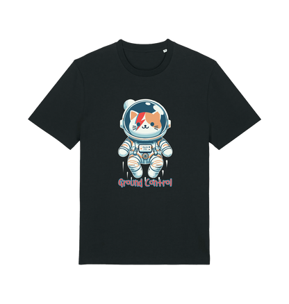 black graphic t-shirt with a cat dressed as an astronaut and the slogan 'ground control'