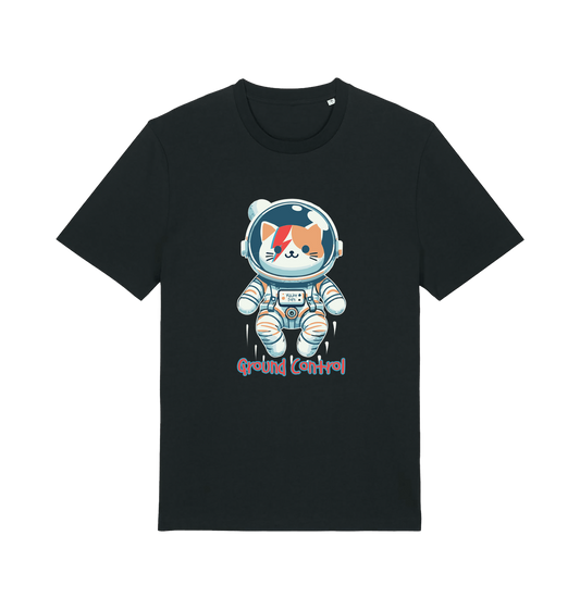 black graphic t-shirt with a cat dressed as an astronaut and the slogan 'ground control'