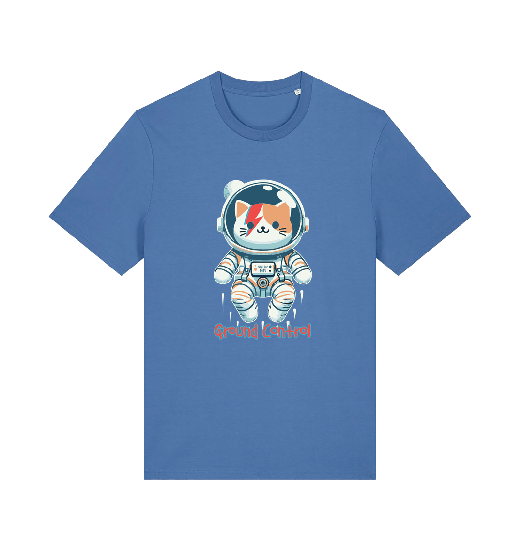 blue graphic t-shirt with a cat dressed as an astronaut and the slogan 'ground control'