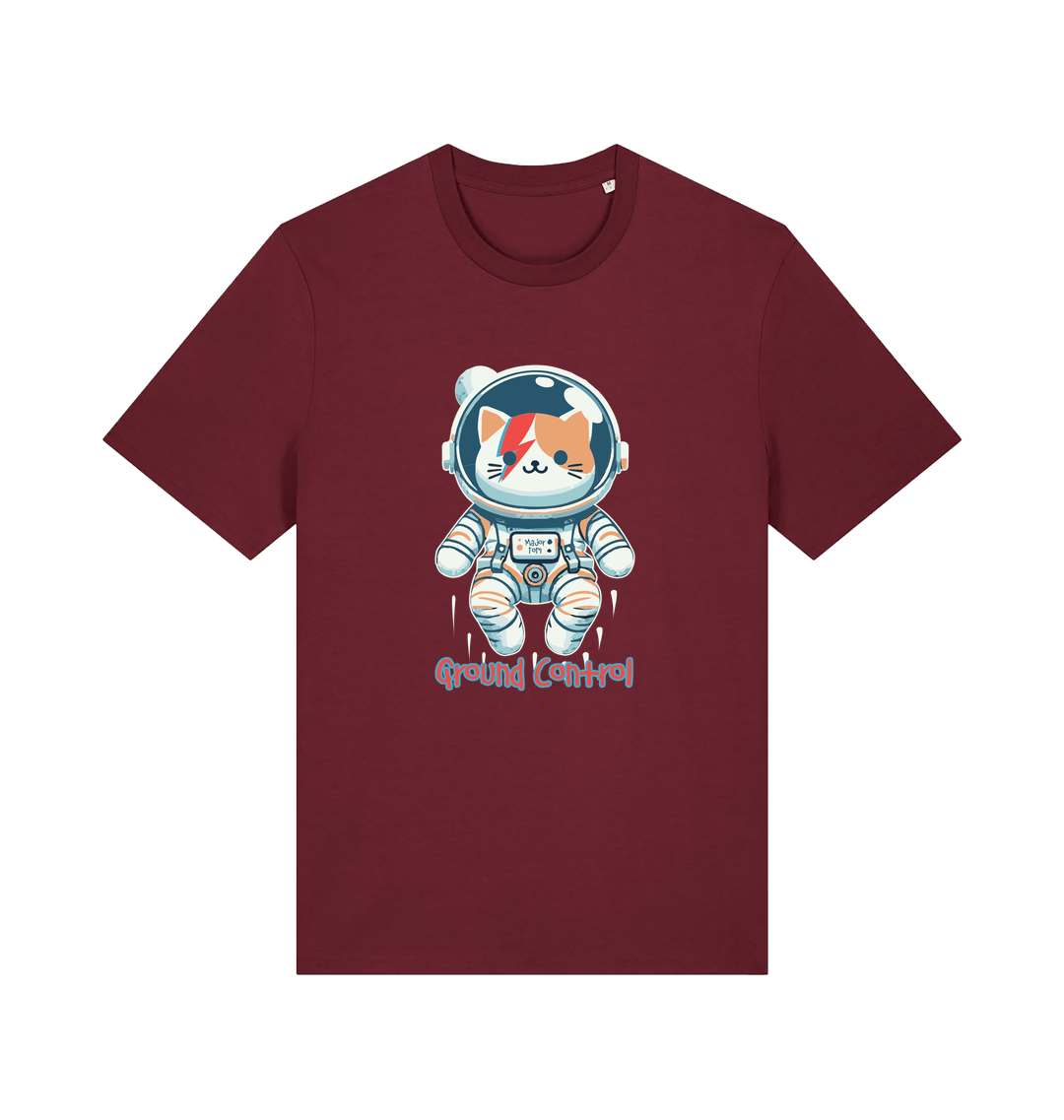 burgundy graphic t-shirt with a cat dressed as an astronaut and the slogan 'ground control'