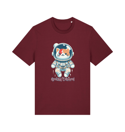 burgundy graphic t-shirt with a cat dressed as an astronaut and the slogan 'ground control'