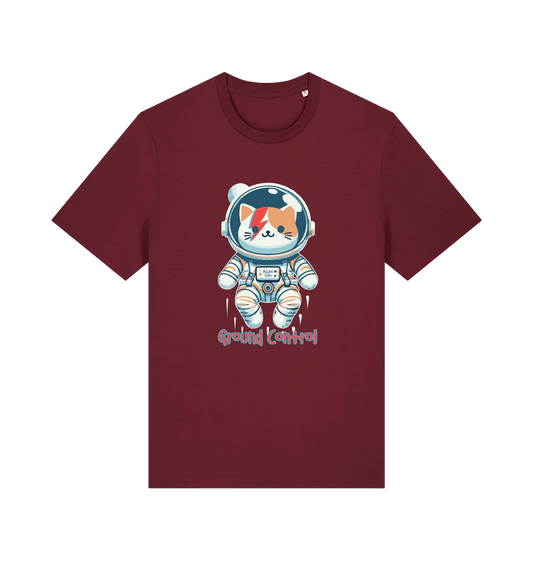 burgundy graphic t-shirt with a cat dressed as an astronaut and the slogan 'ground control'