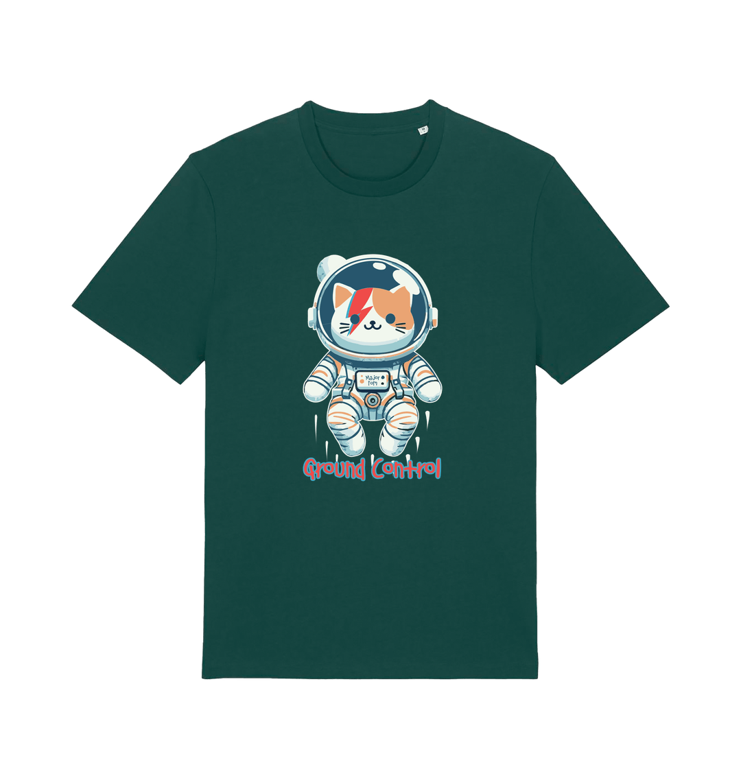 green graphic t-shirt with a cat dressed as an astronaut and the slogan 'ground control'