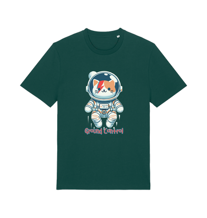 green graphic t-shirt with a cat dressed as an astronaut and the slogan 'ground control'