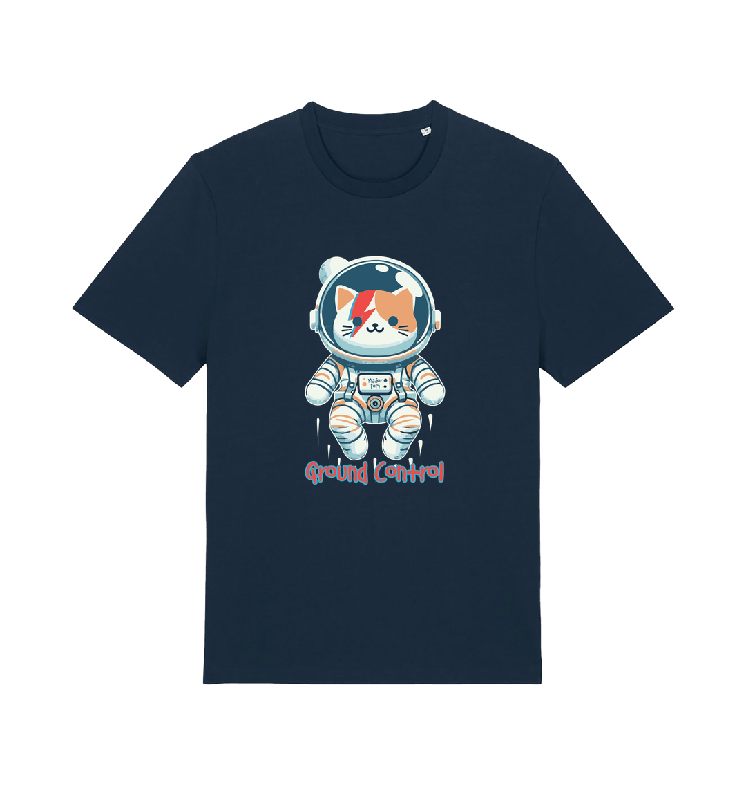 navy graphic t-shirt with a cat dressed as an astronaut and the slogan 'ground control'