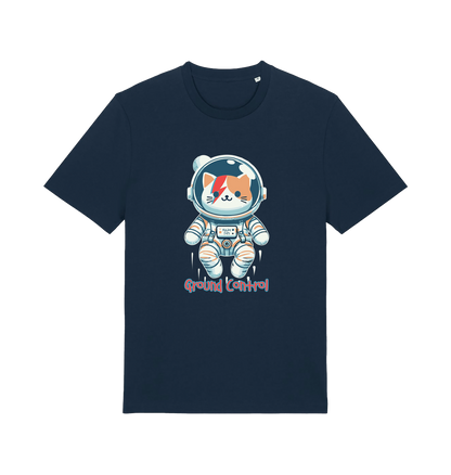 navy graphic t-shirt with a cat dressed as an astronaut and the slogan 'ground control'