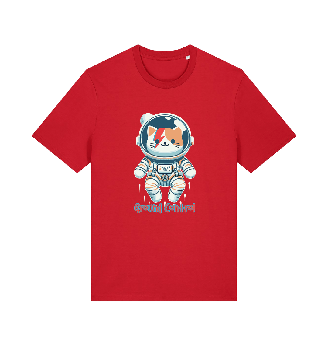 red graphic t-shirt with a cat dressed as an astronaut and the slogan 'ground control'