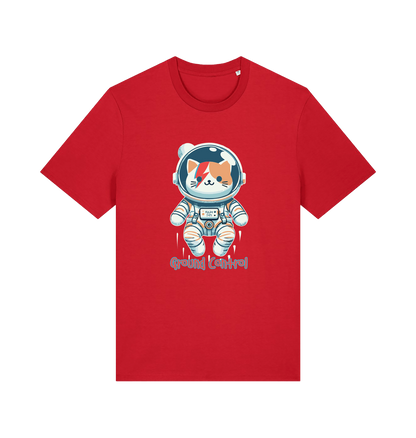 red graphic t-shirt with a cat dressed as an astronaut and the slogan 'ground control'