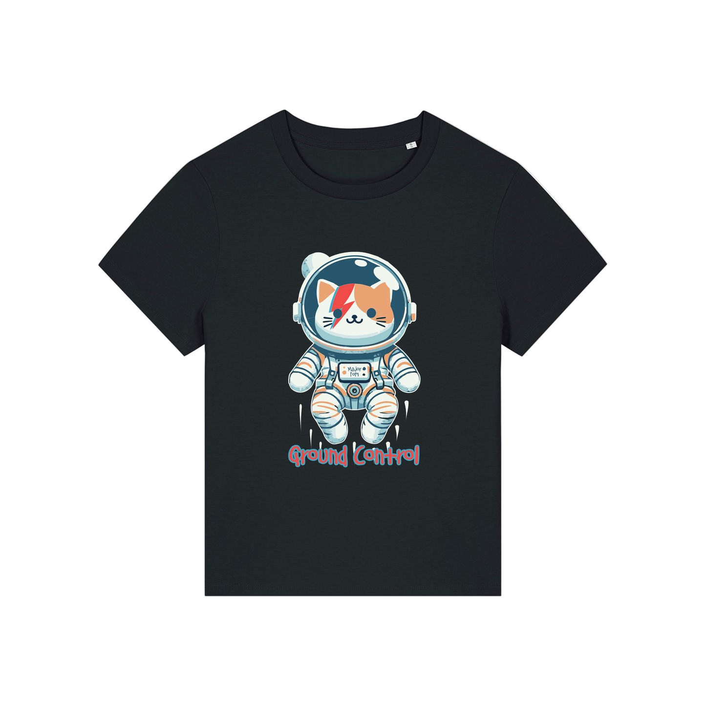 black animal t-shirt with the graphic of a cat dressed as an astronaut and the slogan 'major tom'