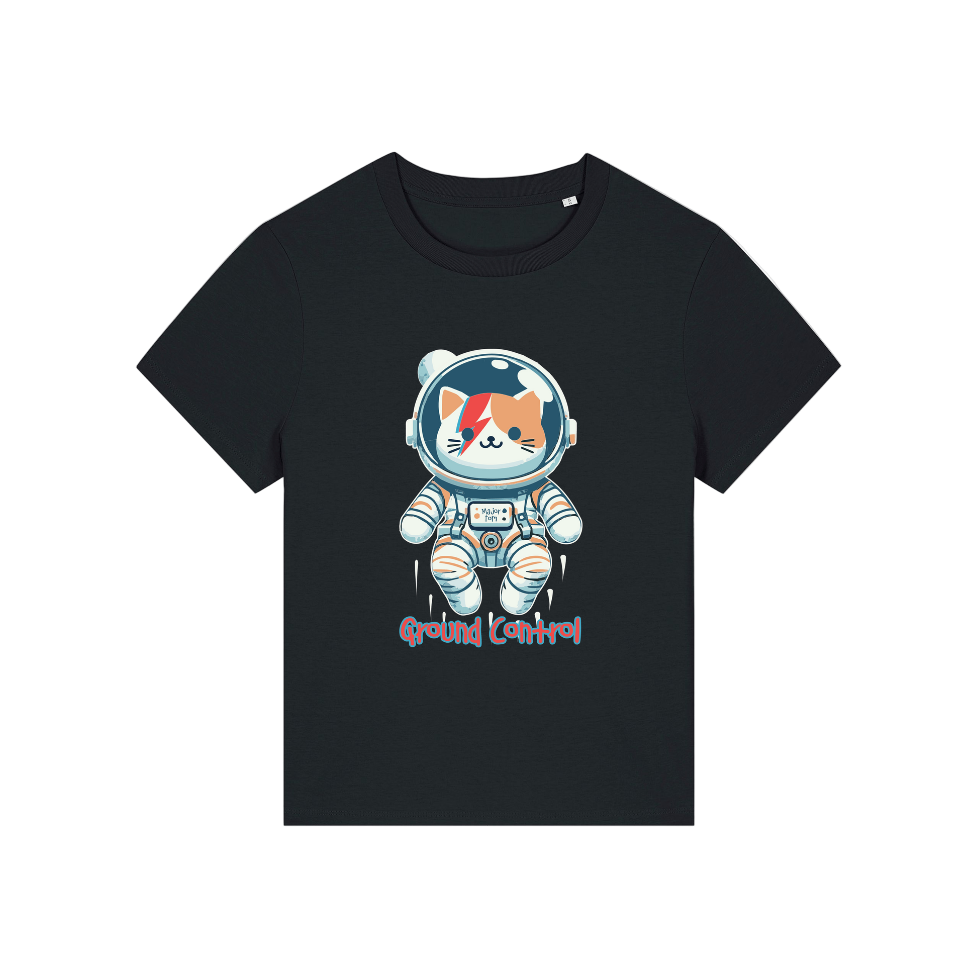 black animal t-shirt with the graphic of a cat dressed as an astronaut and the slogan 'major tom'