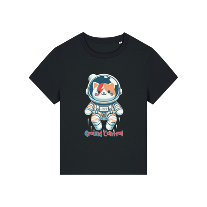 black animal t-shirt with the graphic of a cat dressed as an astronaut and the slogan 'major tom'