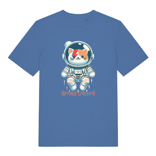 blue women's cat tee with the graphic of a cat dressed as an astronaut and the slogan 'ground control'