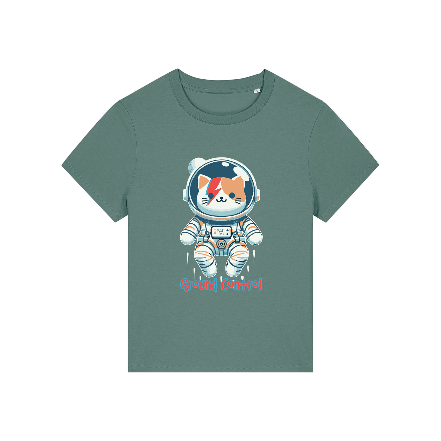 green animal t-shirt with the graphic of a cat dressed as an astronaut and the slogan 'major tom'