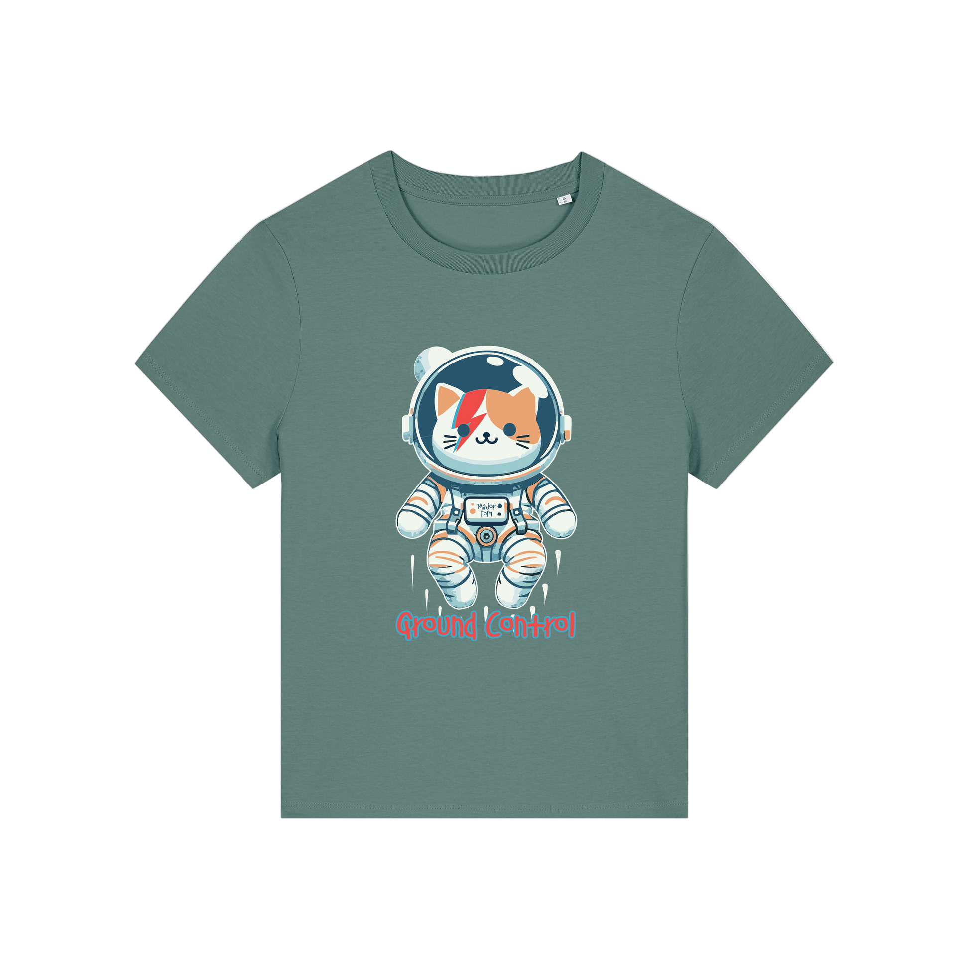 green animal t-shirt with the graphic of a cat dressed as an astronaut and the slogan 'major tom'