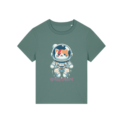 green animal t-shirt with the graphic of a cat dressed as an astronaut and the slogan 'major tom'