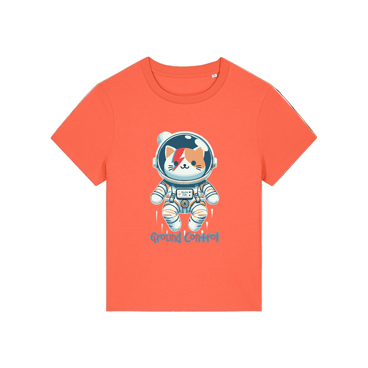 orange animal t-shirt with the graphic of a cat dressed as an astronaut and the slogan 'major tom'