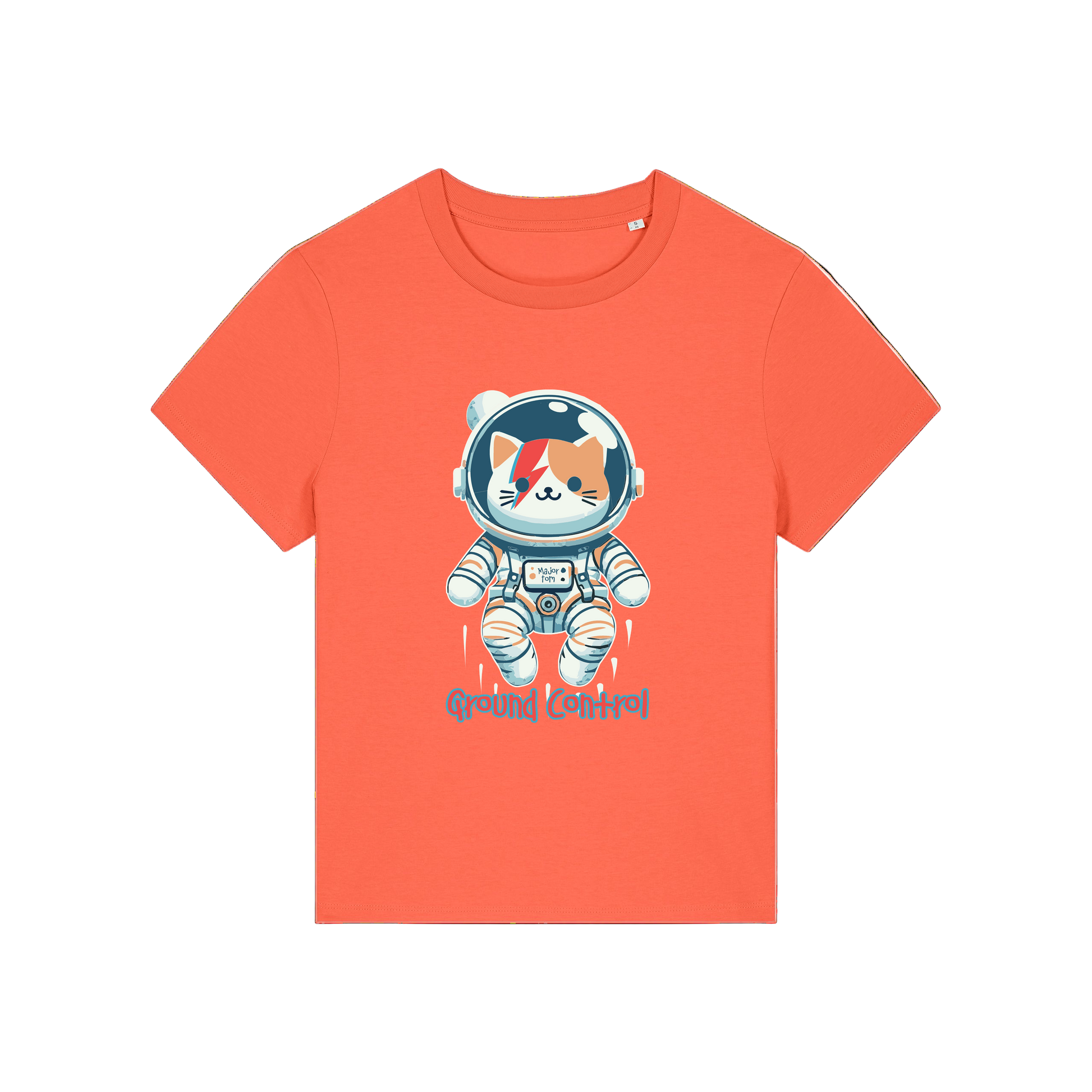 orange animal t-shirt with the graphic of a cat dressed as an astronaut and the slogan 'major tom'