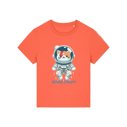 orange animal t-shirt with the graphic of a cat dressed as an astronaut and the slogan 'major tom'