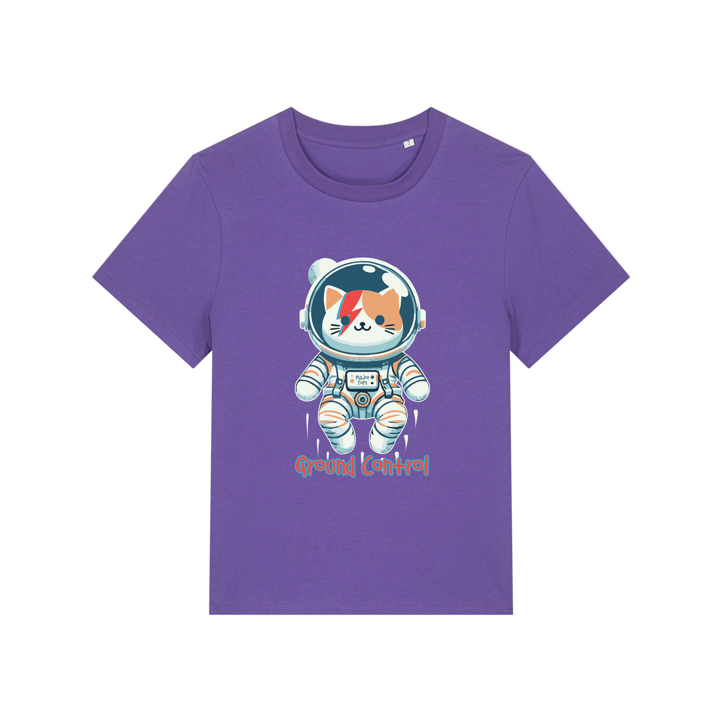 purple animal t-shirt with the graphic of a cat dressed as an astronaut and the slogan 'major tom'