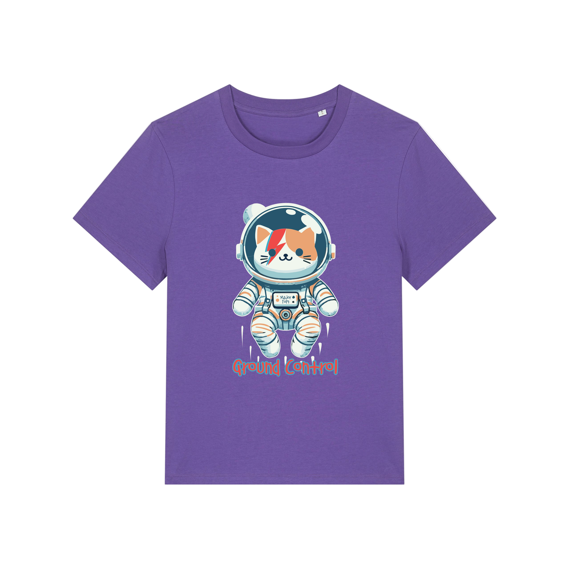purple animal t-shirt with the graphic of a cat dressed as an astronaut and the slogan 'major tom'