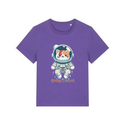 purple animal t-shirt with the graphic of a cat dressed as an astronaut and the slogan 'major tom'