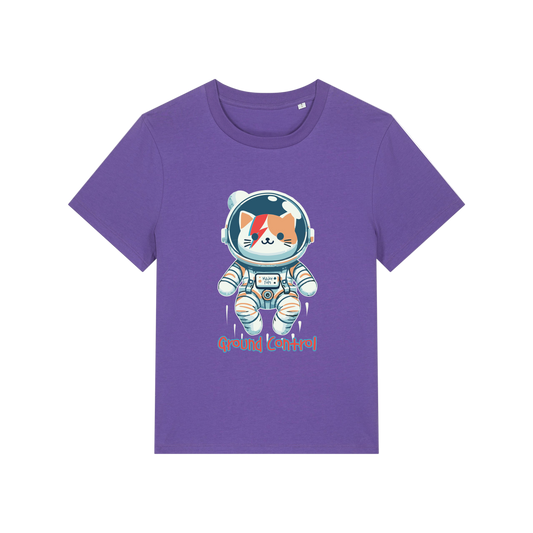 purple animal t-shirt with the graphic of a cat dressed as an astronaut and the slogan 'major tom'